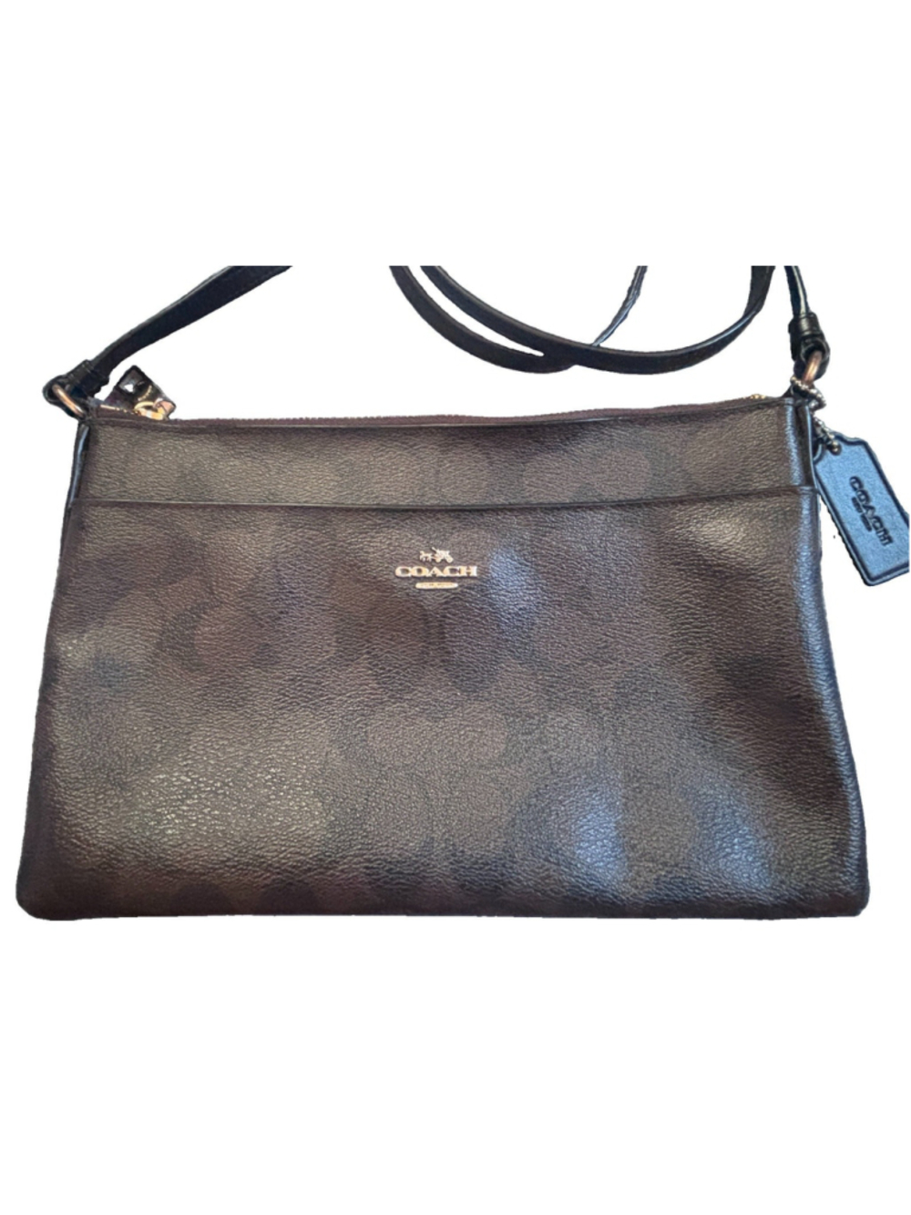 Coach Signature Leather Jacquard Crossbody Bag East/West Brown/Black Logo EUC